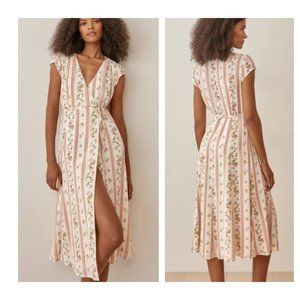 Reformation Cream and Pink Striped Floral Midi Dress